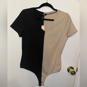 Aqua Womens Beige Colorblock Ribbed Thong Bodysuit Top